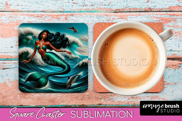 Mermaid Coaster Sublimation, Mermaid Square Coaster Design Sublimation OrangeBrushStudio 