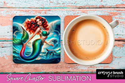 Mermaid Coaster Sublimation, Mermaid Square Coaster Design Sublimation OrangeBrushStudio 