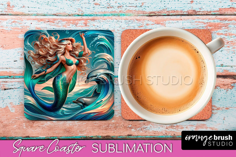 Mermaid Coaster Sublimation, Mermaid Square Coaster Design Sublimation OrangeBrushStudio 