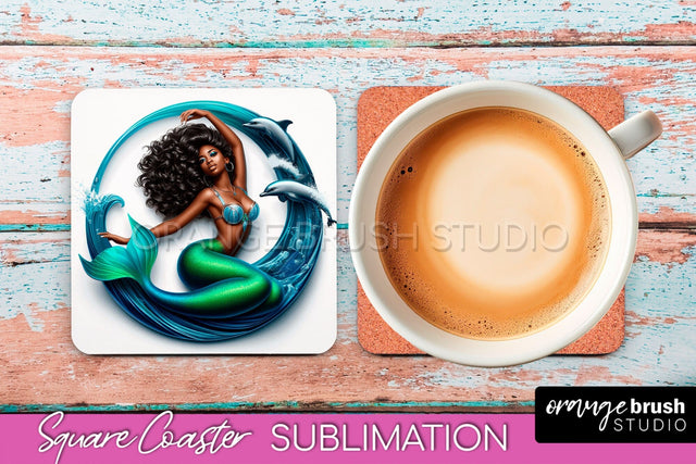 Mermaid Coaster Sublimation, Mermaid Square Coaster Design Sublimation OrangeBrushStudio 