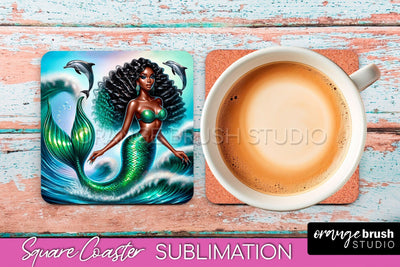 Mermaid Coaster Sublimation, Mermaid Square Coaster Design Sublimation OrangeBrushStudio 