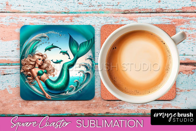 Mermaid Coaster Sublimation, Mermaid Square Coaster Design Sublimation OrangeBrushStudio 