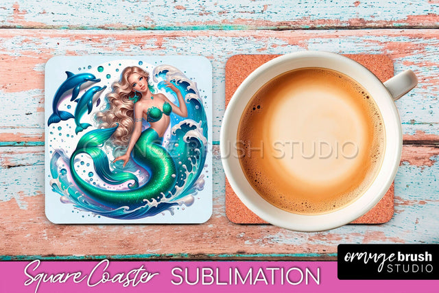 Mermaid Coaster Sublimation, Mermaid Square Coaster Design Sublimation OrangeBrushStudio 