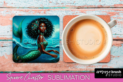 Mermaid Coaster Sublimation, Mermaid Square Coaster Design Sublimation OrangeBrushStudio 