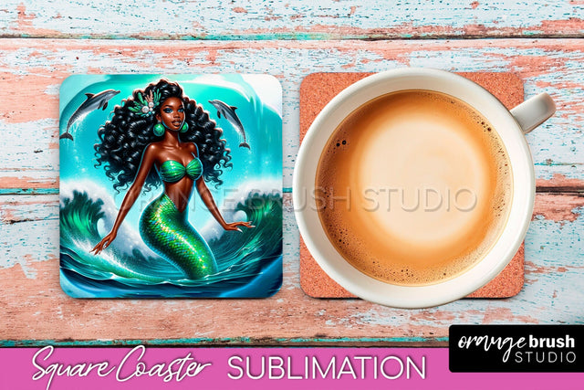 Mermaid Coaster Sublimation, Mermaid Square Coaster Design Sublimation OrangeBrushStudio 