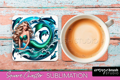 Mermaid Coaster Sublimation, Mermaid Square Coaster Design Sublimation OrangeBrushStudio 