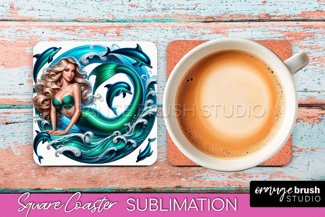Mermaid Coaster Sublimation, Mermaid Square Coaster Design Sublimation OrangeBrushStudio 