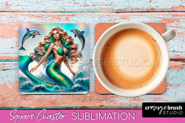 Mermaid Coaster Sublimation, Mermaid Square Coaster Design Sublimation OrangeBrushStudio 