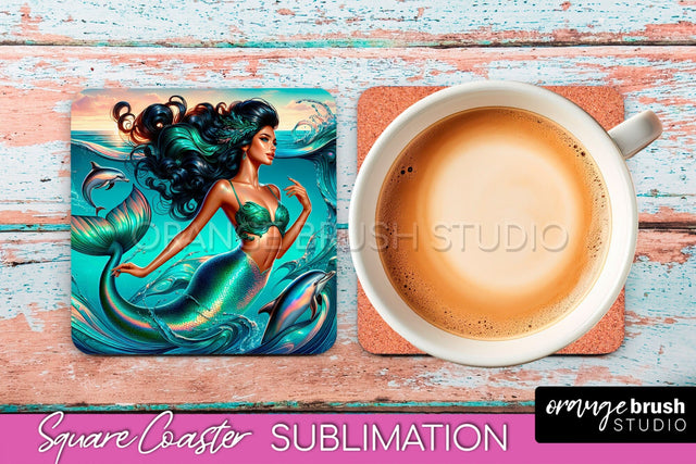 Mermaid Coaster Sublimation, Mermaid Square Coaster Design Sublimation OrangeBrushStudio 