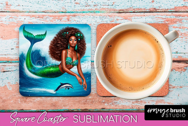 Mermaid Coaster Sublimation, Mermaid Square Coaster Design Sublimation OrangeBrushStudio 