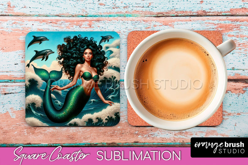 Mermaid Coaster Sublimation, Mermaid Square Coaster Design Sublimation OrangeBrushStudio 