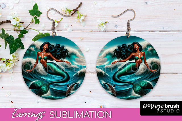 Mermaid Earrings PNG - Summer Round Earrings Sublimation Sublimation OrangeBrushStudio 