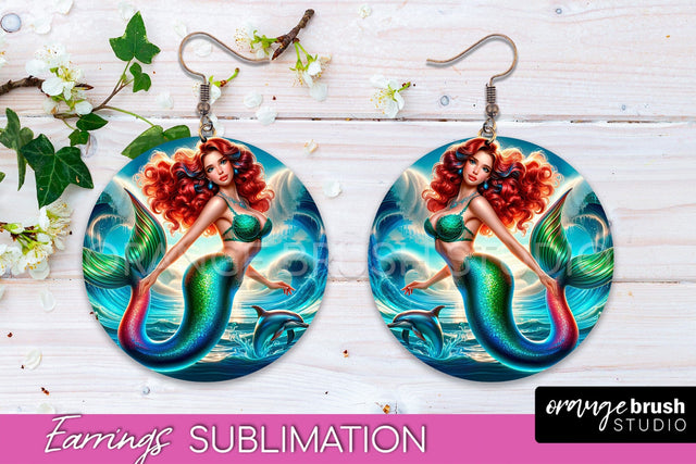 Mermaid Earrings PNG - Summer Round Earrings Sublimation Sublimation OrangeBrushStudio 
