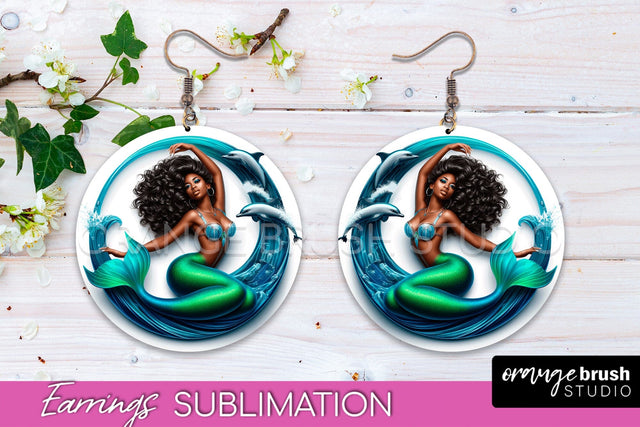 Mermaid Earrings PNG - Summer Round Earrings Sublimation Sublimation OrangeBrushStudio 