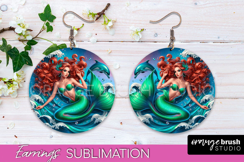 Mermaid Earrings PNG - Summer Round Earrings Sublimation Sublimation OrangeBrushStudio 