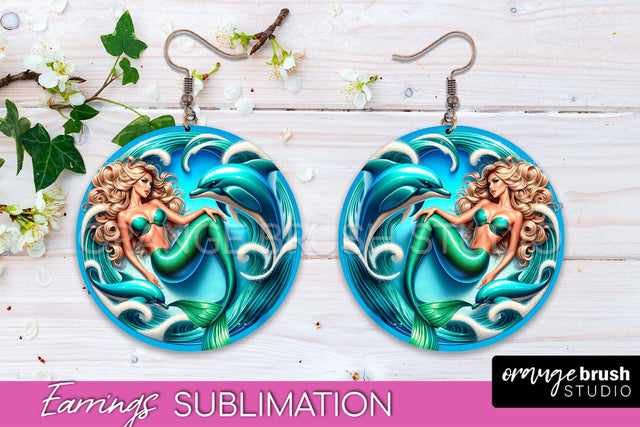 Mermaid Earrings PNG - Summer Round Earrings Sublimation Sublimation OrangeBrushStudio 