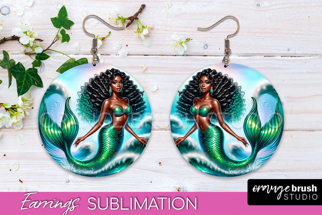 Mermaid Earrings PNG - Summer Round Earrings Sublimation Sublimation OrangeBrushStudio 