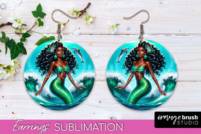 Mermaid Earrings PNG - Summer Round Earrings Sublimation Sublimation OrangeBrushStudio 