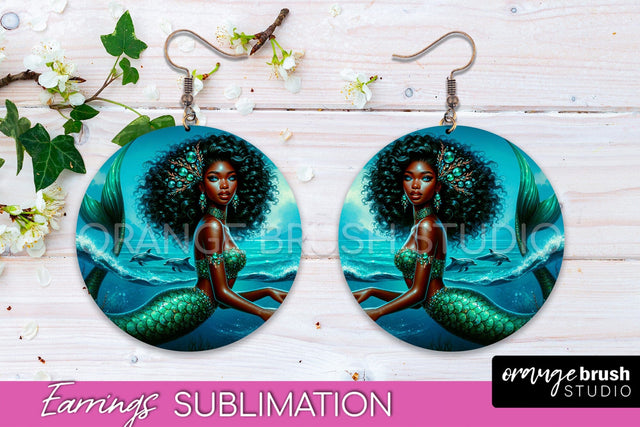 Mermaid Earrings PNG - Summer Round Earrings Sublimation Sublimation OrangeBrushStudio 