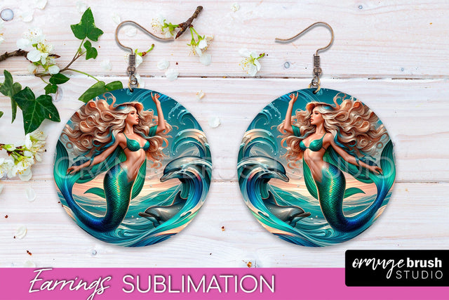 Mermaid Earrings PNG - Summer Round Earrings Sublimation Sublimation OrangeBrushStudio 