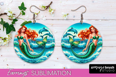 Mermaid Earrings PNG - Summer Round Earrings Sublimation Sublimation OrangeBrushStudio 