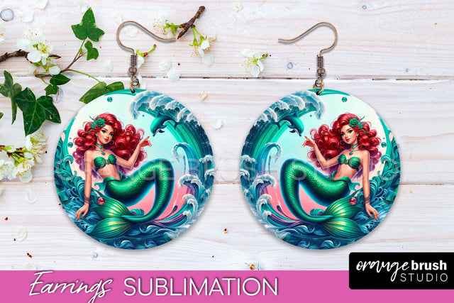 Mermaid Earrings PNG - Summer Round Earrings Sublimation Sublimation OrangeBrushStudio 