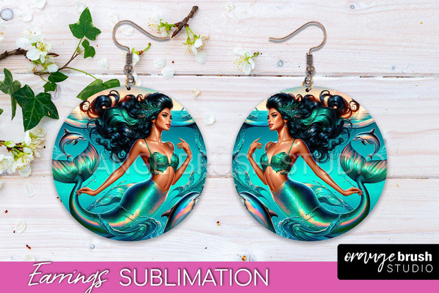 Mermaid Earrings PNG - Summer Round Earrings Sublimation Sublimation OrangeBrushStudio 