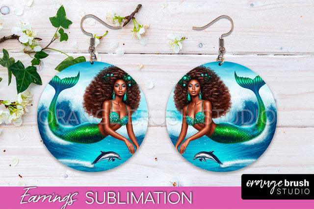 Mermaid Earrings PNG - Summer Round Earrings Sublimation Sublimation OrangeBrushStudio 