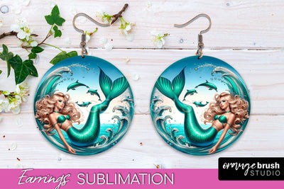 Mermaid Earrings PNG - Summer Round Earrings Sublimation Sublimation OrangeBrushStudio 