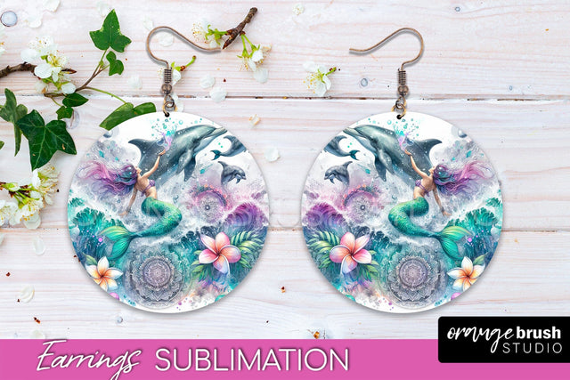 Mermaid Earrings PNG - Watercolor Mermaid Round Earrings PNG Sublimation OrangeBrushStudio 