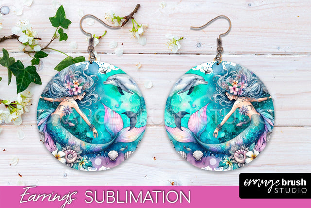 Mermaid Earrings PNG - Watercolor Mermaid Round Earrings PNG Sublimation OrangeBrushStudio 