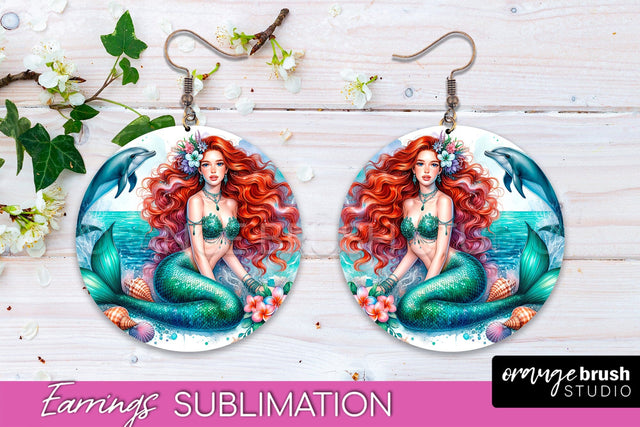 Mermaid Earrings PNG - Watercolor Mermaid Round Earrings PNG Sublimation OrangeBrushStudio 
