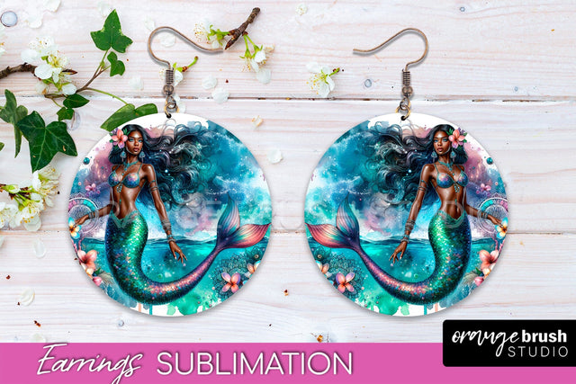 Mermaid Earrings PNG - Watercolor Mermaid Round Earrings PNG Sublimation OrangeBrushStudio 