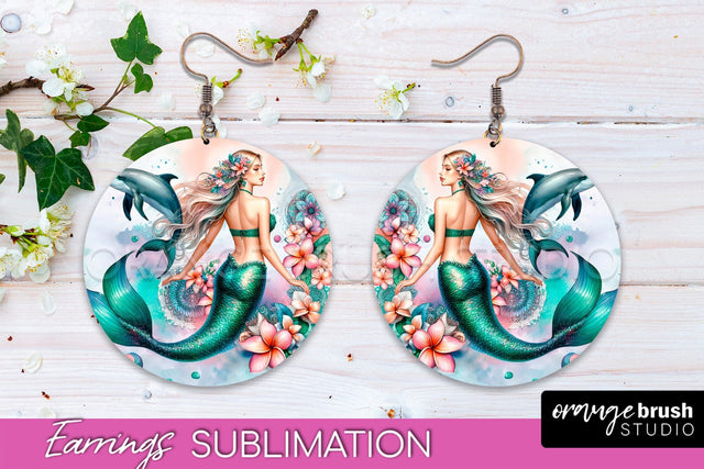 Mermaid Earrings PNG - Watercolor Mermaid Round Earrings PNG Sublimation OrangeBrushStudio 