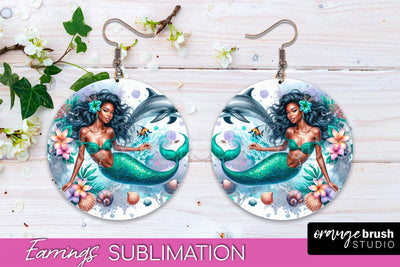 Mermaid Earrings PNG - Watercolor Mermaid Round Earrings PNG Sublimation OrangeBrushStudio 