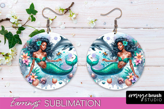 Mermaid Earrings PNG - Watercolor Mermaid Round Earrings PNG Sublimation OrangeBrushStudio 