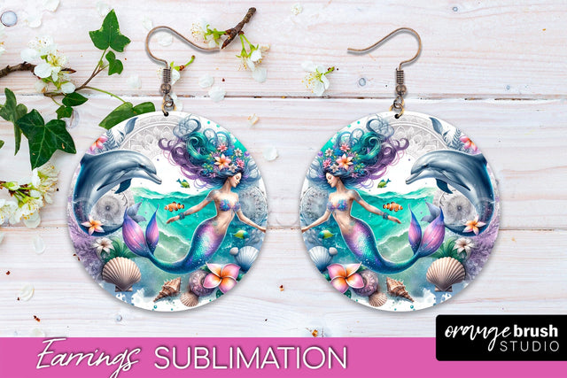 Mermaid Earrings PNG - Watercolor Mermaid Round Earrings PNG Sublimation OrangeBrushStudio 