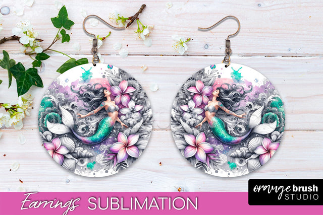 Mermaid Earrings PNG - Watercolor Mermaid Round Earrings PNG Sublimation OrangeBrushStudio 