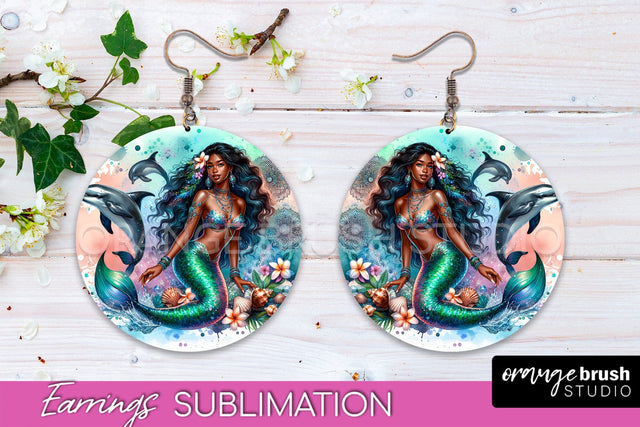 Mermaid Earrings PNG - Watercolor Mermaid Round Earrings PNG Sublimation OrangeBrushStudio 