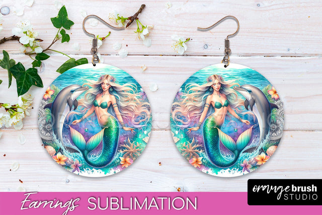 Mermaid Earrings PNG - Watercolor Mermaid Round Earrings PNG Sublimation OrangeBrushStudio 