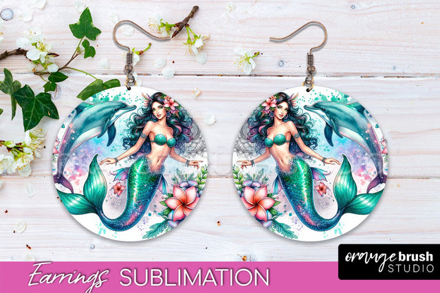 Mermaid Earrings PNG - Watercolor Mermaid Round Earrings PNG Sublimation OrangeBrushStudio 