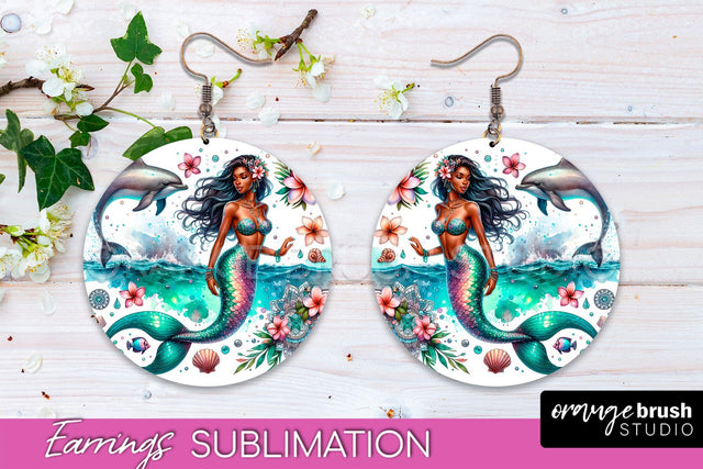 Mermaid Earrings PNG - Watercolor Mermaid Round Earrings PNG Sublimation OrangeBrushStudio 