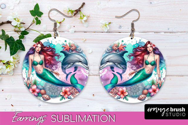 Mermaid Earrings PNG - Watercolor Mermaid Round Earrings PNG Sublimation OrangeBrushStudio 
