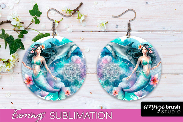 Mermaid Earrings PNG - Watercolor Mermaid Round Earrings PNG Sublimation OrangeBrushStudio 