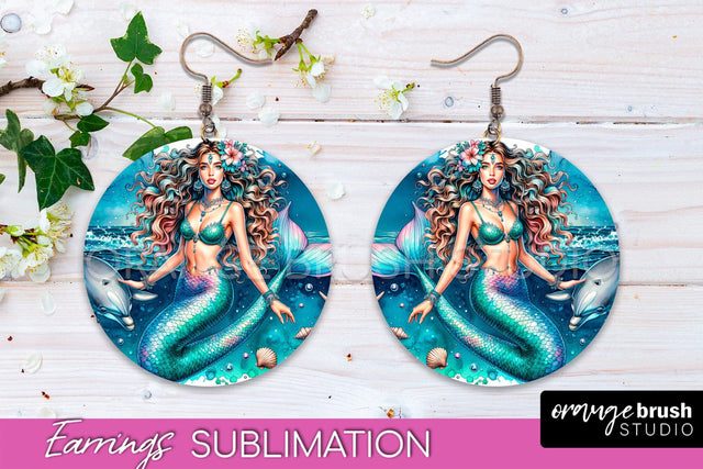 Mermaid Earrings PNG - Watercolor Mermaid Round Earrings PNG Sublimation OrangeBrushStudio 