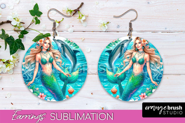 Mermaid Earrings PNG - Watercolor Mermaid Round Earrings PNG Sublimation OrangeBrushStudio 