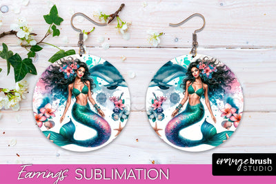 Mermaid Earrings PNG - Watercolor Mermaid Round Earrings PNG Sublimation OrangeBrushStudio 