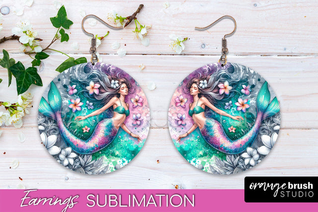 Mermaid Earrings PNG - Watercolor Mermaid Round Earrings PNG Sublimation OrangeBrushStudio 