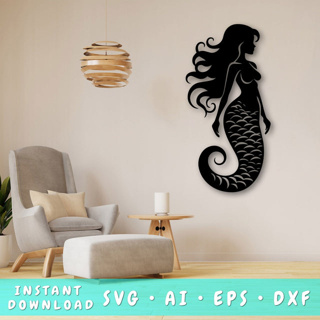 Mermaid Laser SVG Cut File, Mermaid Glowforge File, Mermaid DXF, Mermaid Wall Art SVG SVG HappyDesignStudio 
