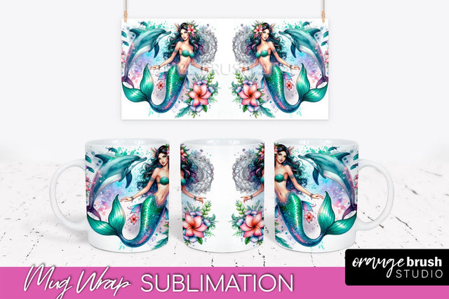 Mermaid Mug Wrap - Watercolor Mermaid Mug Sublimation Design Sublimation OrangeBrushStudio 